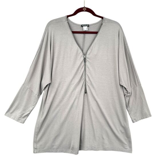 VENUS Light Grey Front Functional Zipper Relaxed Fit Tunic Top Size 1X - Picture 2 of 8